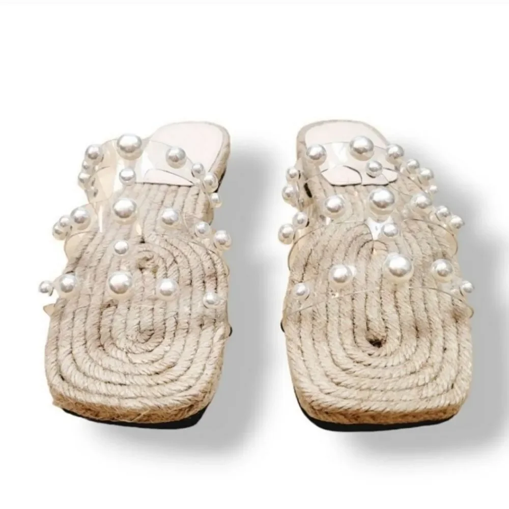 NEW Pearl Transparent Strappy Slip On Square Toe Jute Rope Sandal Size 36/6